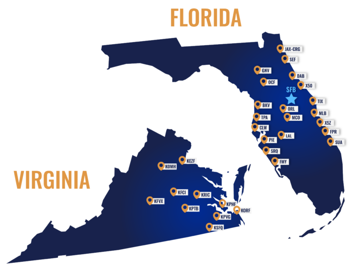 CE-Avionics-Maps-Showing-Location-Services-In-Virginia-and-Florida-both-maps-are-blue-with-pinpoints-of-airports-they-service